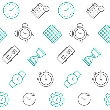 Time and date seamless pattern. Watch, alarm clock, stopwatch, calendar etc. Illustrazione stock