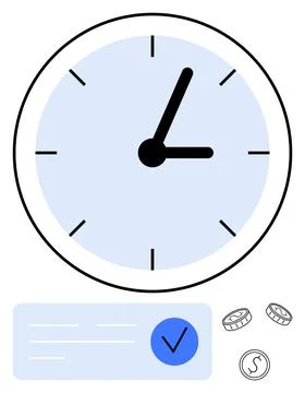 Time and Finance Elements Featuring Clock, Coins, and Checklist with Blue C.. Stock Illustration