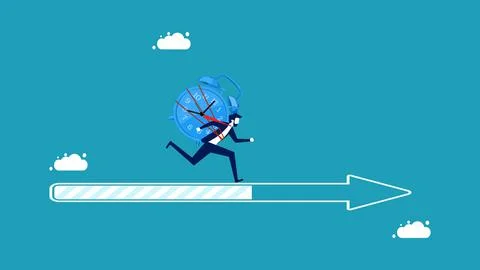 Time and progress. businessman with clock on progress arrow bar Stock Illustration