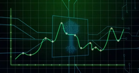 Time axes appearing, animated data curve entering central module, visualizing Stock Footage 327394159