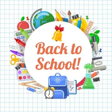 Time to back to school objects round composition Stock Illustration