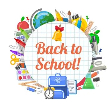 Time to back to school objects round banner Stock Illustration