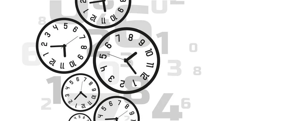 Time background with round wall clocks. Stock Illustration