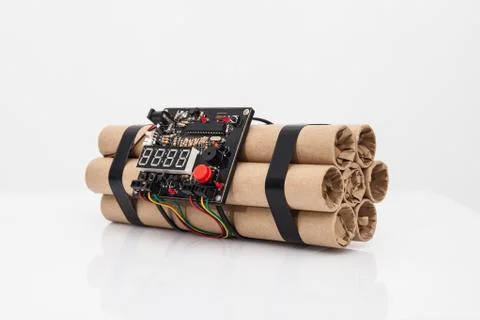 Time bomb with a working electronic clockwork isolated on white background Stock Photos