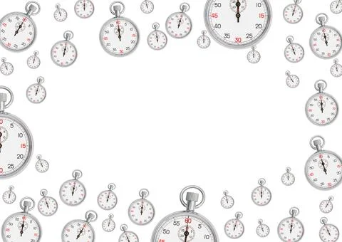 Time border with silver stopwatch isolated on white Stock Illustration