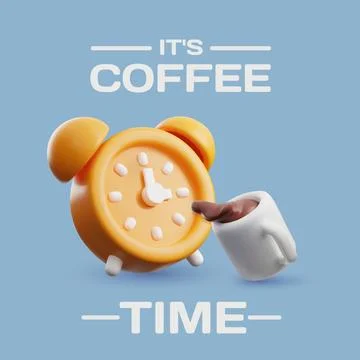Time for a break: 3D poster with coffee and clock. 3D vector illustration. Stock Illustration
