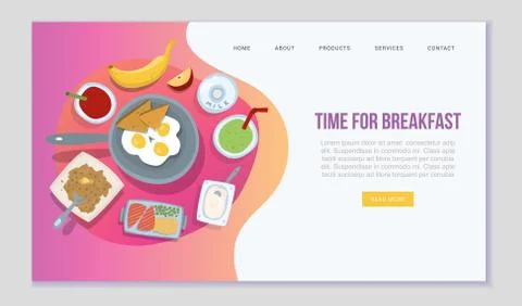 Time for breakfast web template vector illustration. Morning food cafe or Stock Illustration