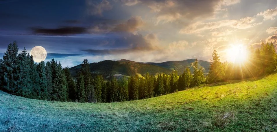 Time change concept above alpine forest glade Stock Photos