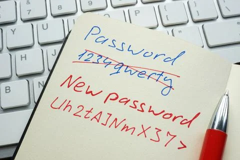Time to change password. Notepad with old and new password. Stock Photos