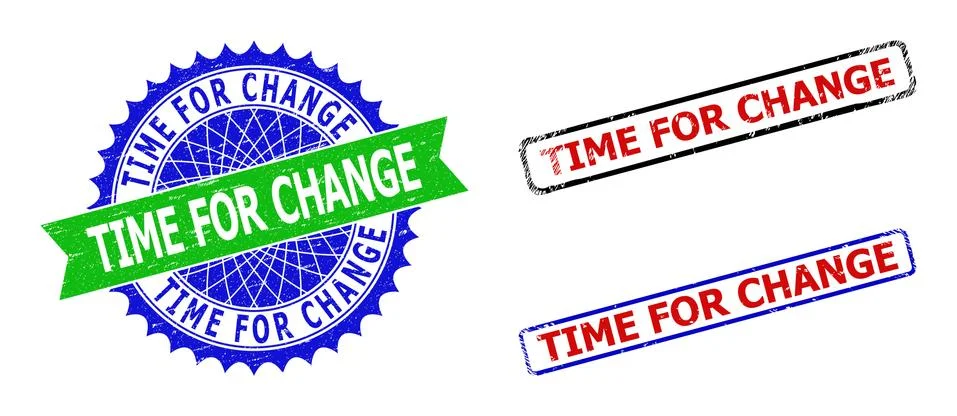 TIME FOR CHANGE Rosette and Rectangle Bicolor Stamp Seals with Unclean Surfaces Stock Illustration