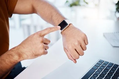 Time check, work and hands of a man with a watch for a notification, reading Stock Photos
