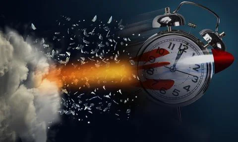 Time clock breaking in  flying pieces time pass memory loss future new era fe Stock Illustration