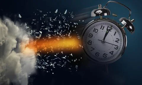 Time clock breaking in  flying pieces time pass memory loss future new era fe Stock Illustration