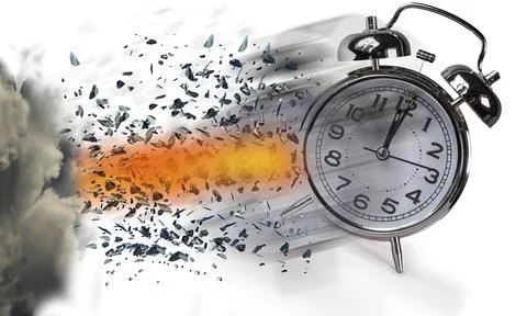 Time clock breaking in  flying pieces time pass memory loss future new era fe Stock Photos