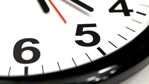 The Time On The Clock Five. Black Clock With The Red Arrow Running In The Backgr Vídeo Stock 109458797