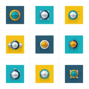 Time Clock Icons Set blue and yellow color Stock-Illustration