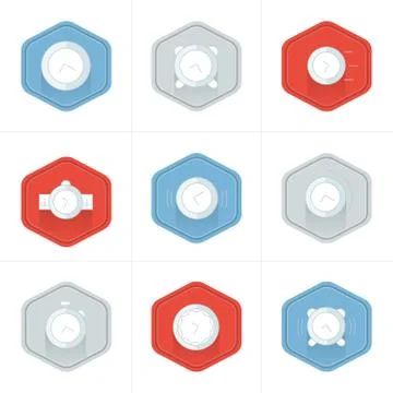Time Clock Icons Set gray, blue, red color Stock Illustration