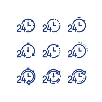 Time clock line icon set, fast delivery, quick service, work 24 hours Stock Illustration