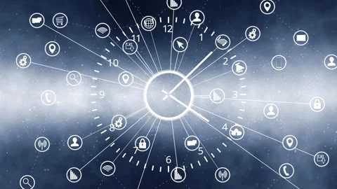 Time clock loom motion with business technology icons animation Stock Footage 341830911