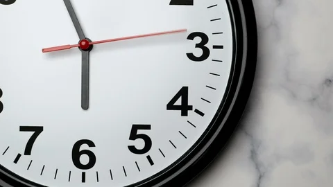 The Time On The Clock Six. Black Clock With The Red Arrow Running In The Backgro Vídeo Stock 128711436