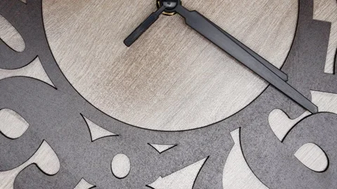 The Time On The Clock Six. Close Up Wooden Clock With The Black Arrow And The Ar Video stock 168371142