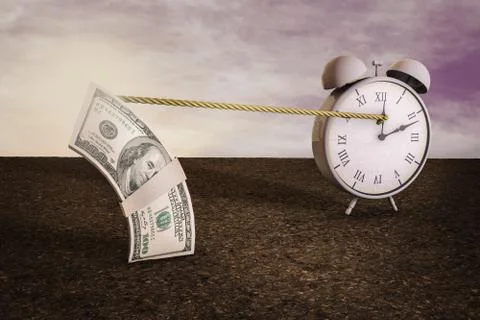 Time on clock stop by Stack of one hundred dollar bills at magenta day. Stock Illustration