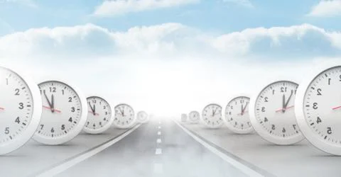 Time clocks on surreal road perspective Stock Illustration