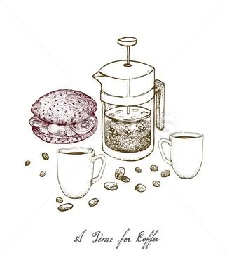 Time For Coffee, Illustration Hand Drawn Sketch Of Whole Grain Bread Sandwich