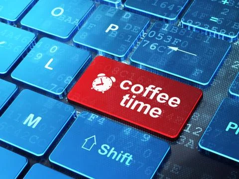 Time concept: Alarm Clock and Coffee Time on computer keyboard background 库存插图