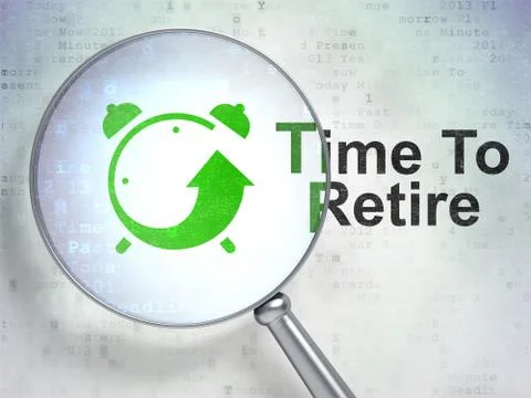 Time concept: Alarm Clock and Time To Retire with optical glass Illustrazione stock