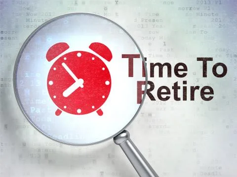 Time concept: Alarm Clock and Time To Retire with optical glass 库存插图
