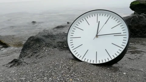 Time Concept Background, Clock Rock Stone Sand Beach Sea Ocean Wave Stock Footage 86414273