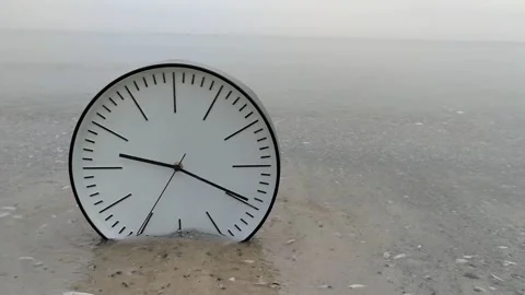 Time Concept Background, White Clock in Sand Water Sea Ocean Stock Footage 86423268