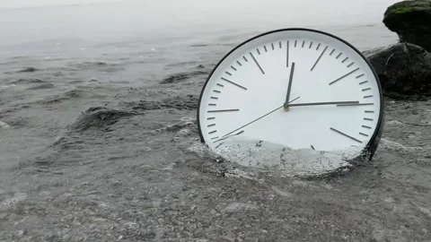 Time Concept Background, White Wall Clock w Black Arrows On Sand Beach Sea Ocean Video stock 86616700