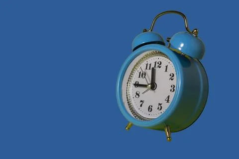Time concept. Blue alarm clock morning time. Blue alarm clock with copy space 스톡 일러스트