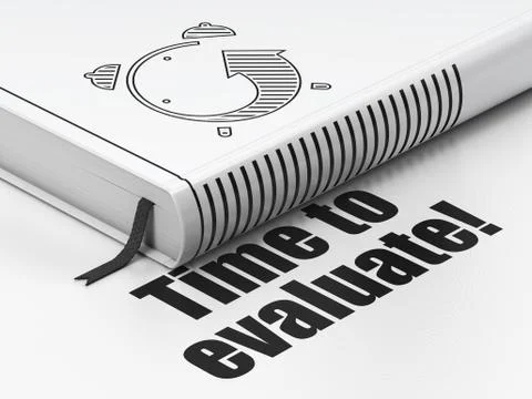Time concept: book Alarm Clock, Time to Evaluate! on white background Ilustración de archivo