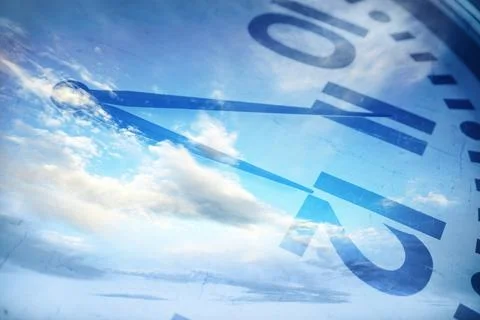 Time concept. Clock and blue sky with fluffy clouds, double exposure Illustrazione stock