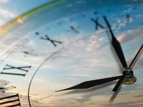 Time concept. Clock and blue sky with fluffy clouds, double exposure Illustrazione stock