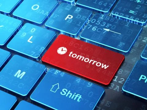 Time concept: Clock and Tomorrow on computer keyboard background 库存插图