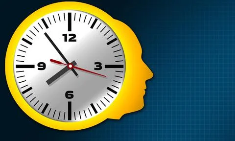 Time concept as a clock with a human head isolated on a blue background Illustrazione stock