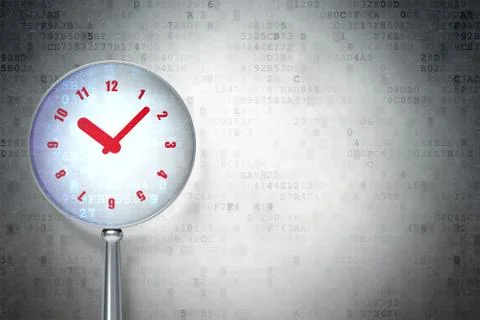 Time concept: Clock with optical glass on digital background Illustration