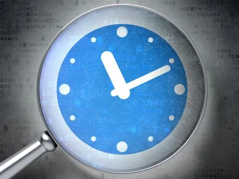 Time concept: Clock with optical glass on digital background Illustrazione stock