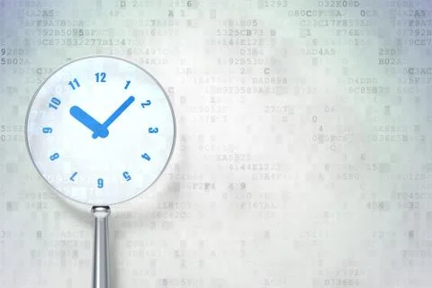 Time concept: Clock with optical glass on digital background 스톡 일러스트