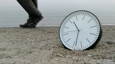 Time Concept, Clock On Sand Beach, Background Walking Man Sea Sky Stock Footage 86413186