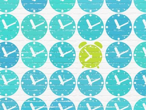 Time concept: green alarm clock icon on wall background Ilustración de archivo