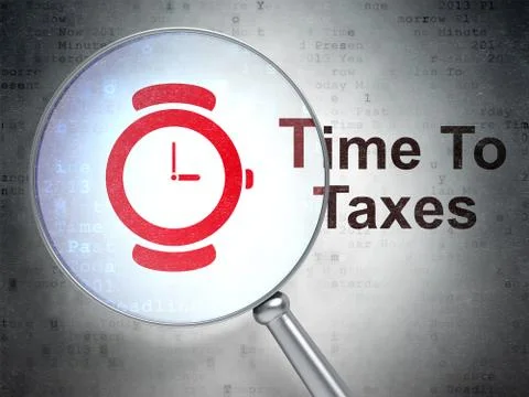 Time concept: Hand Watch and Time To Taxes with optical glass 库存插图