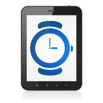 Time concept: Tablet Computer with Hand Watch on display Illustrazione stock
