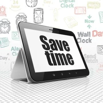 Time concept: Tablet Computer with Save Time on display Illustrazione stock