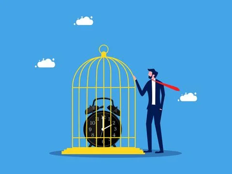 Time control. Businessman locks a clock in a birdcage. business concept Stock Illustration