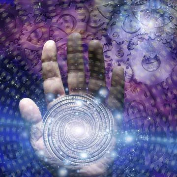 Time control Hand with time vortex and gears. Space stars backgroung Copyr... Stock Photos